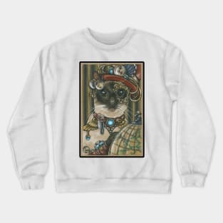 Steampunk Cat Traveler - Siamese Cat - Black Outlined Version Crewneck Sweatshirt